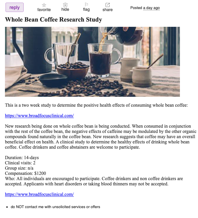 An ad from Craigslist seeking participants in a study on the effects of whole bean coffee consumption.