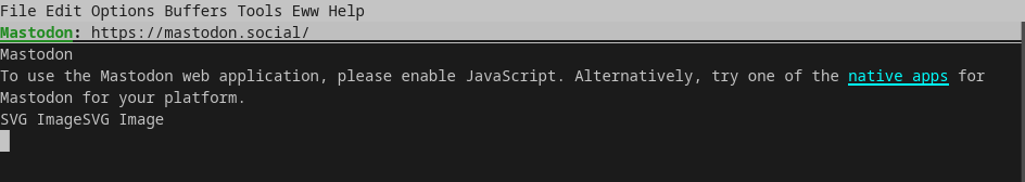 Screenshot of what mastodon.social looks like when viewed via emacs' eww 