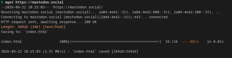 Screenshot of using wget to grab the mastodon.social webpage