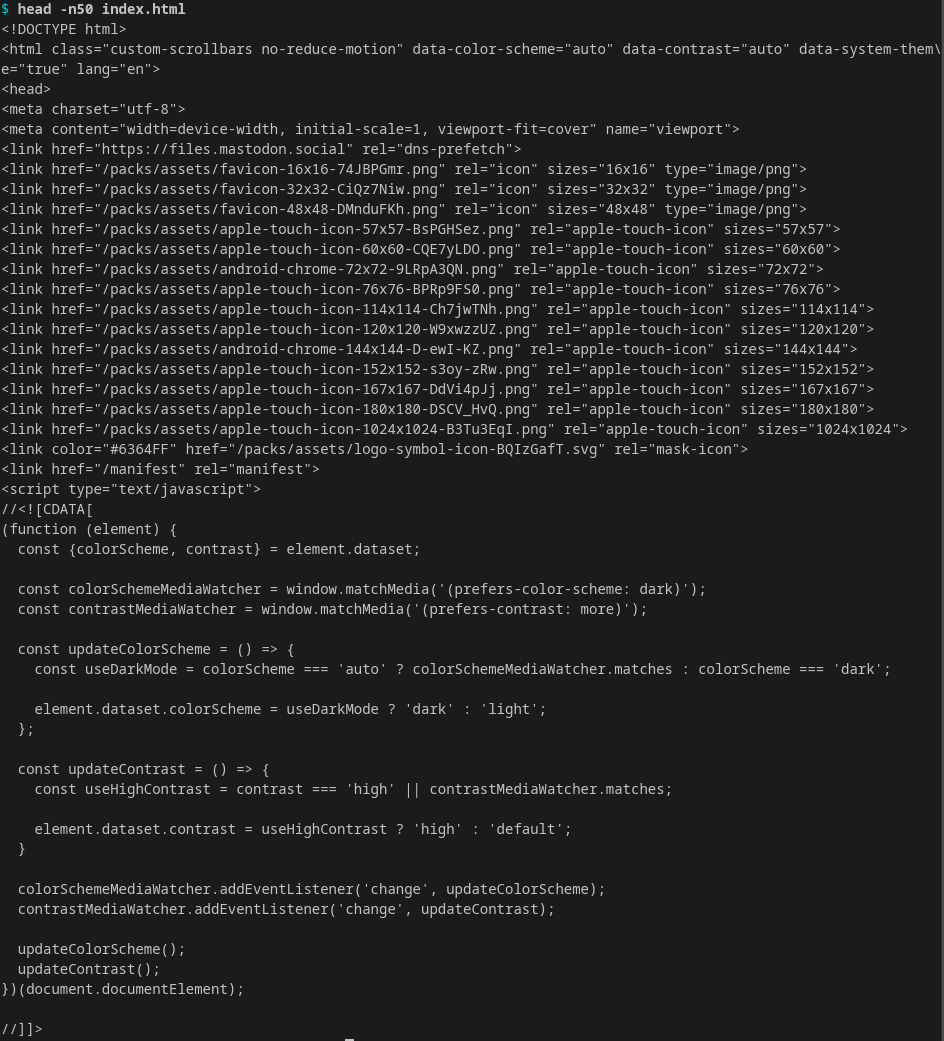 Screenshot of using head to preview the contents of mastodon.social